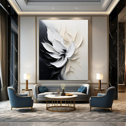 Contemporary abstract flower painting with smooth brushstrokes and monochrome palette evokes tranquility and elegance through delicate petal details and soft lighting. DLZ0828