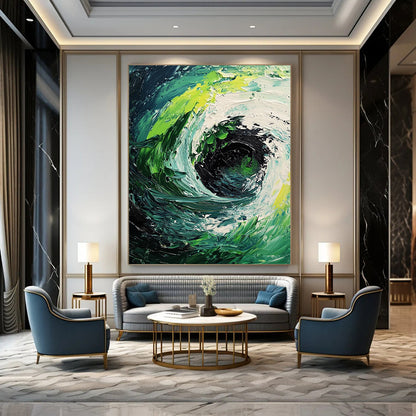 Contemporary abstract painting featuring a dynamic whirlpool of dark green and white waves with bold brushstrokes and striking light-dark contrast. DLZ1229