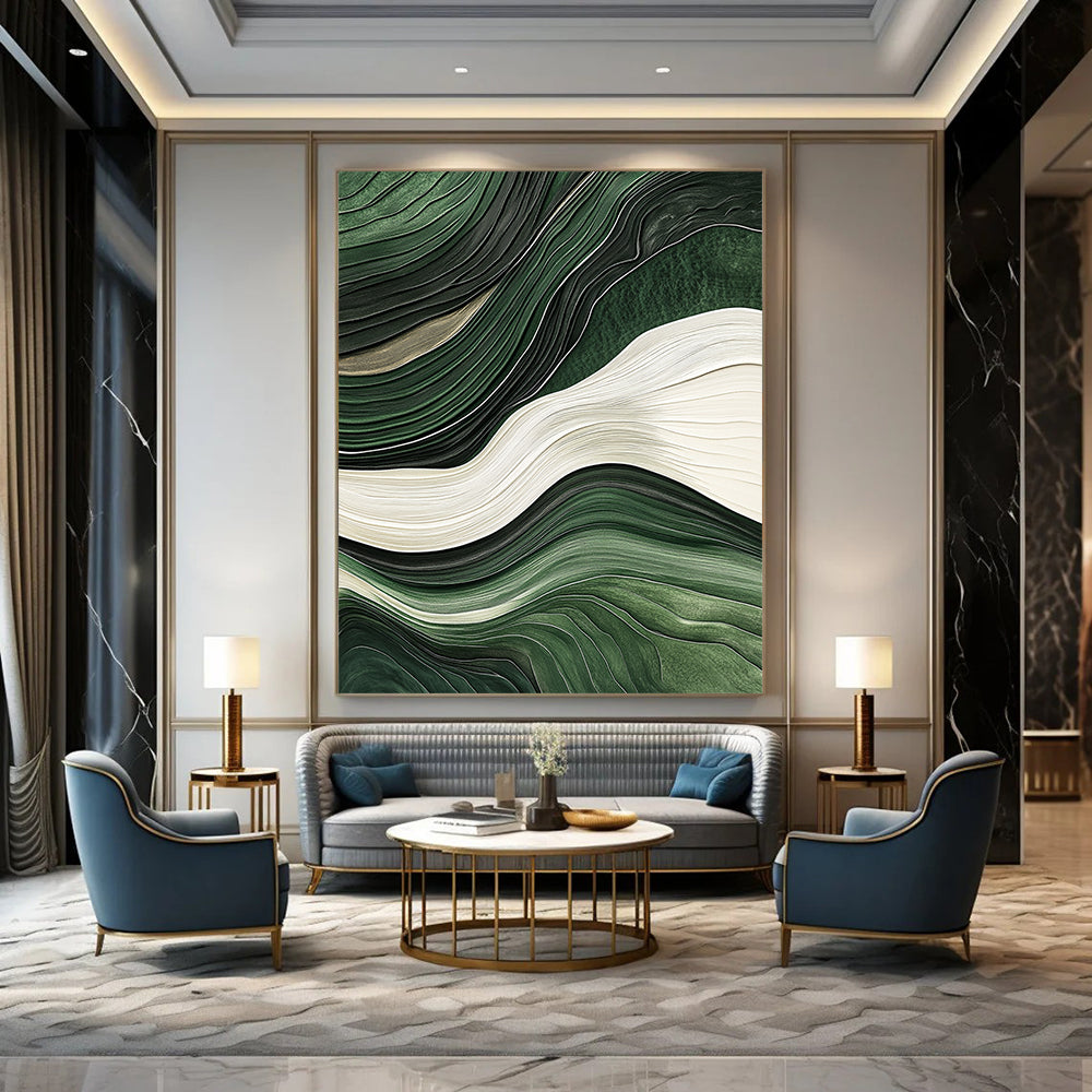 Contemporary hand-painted abstract art with flowing green and white lines, jade texture, and relief effect on a dark background, showcasing elegance and cultural heritage. DLZ0277