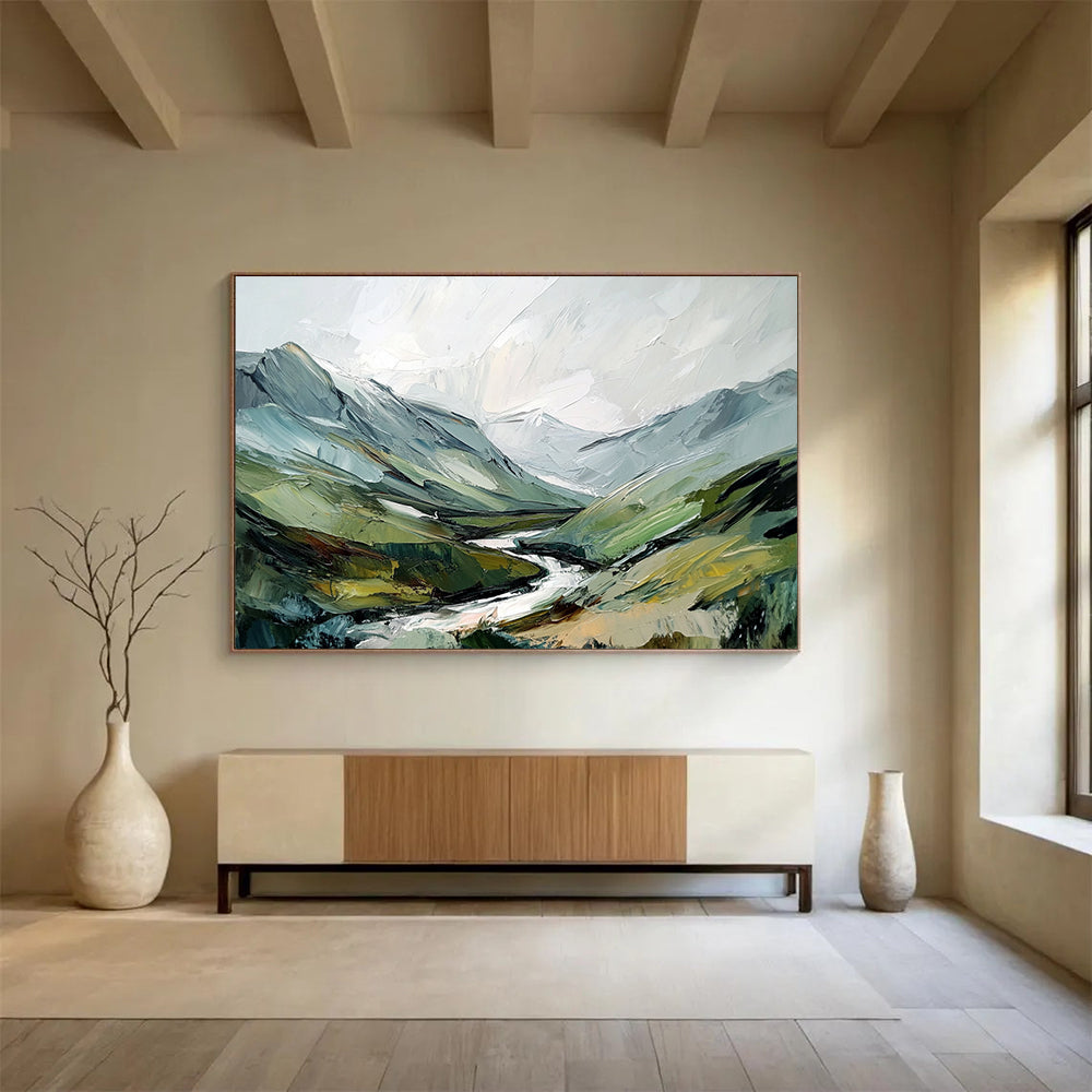 “Textured Mountain Valley” - Green, Blue, Gray, Layered Alpine Landscape Painting On Canvas HB1028