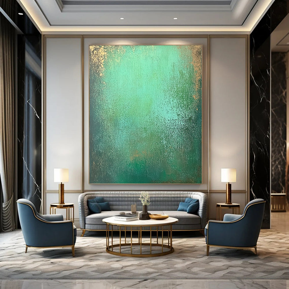 Contemporary hand-painted abstract art features an emerald green gradient with textured layers of seafoam and hints of shimmering gold for depth. DLZ1293