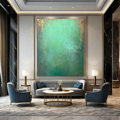 Contemporary hand-painted abstract art features an emerald green gradient with textured layers of seafoam and hints of shimmering gold for depth. DLZ1293