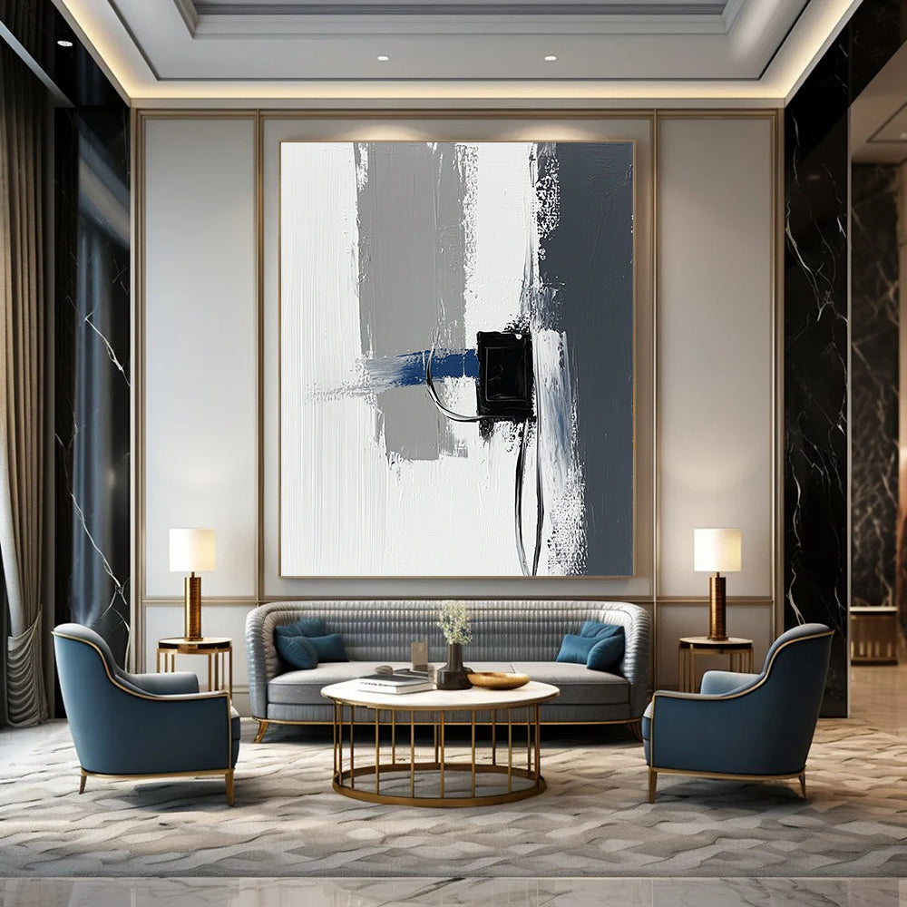 Contemporary abstract painting featuring impasto technique with thick gray and white strokes accented by blue details against a minimalist black power strip backdrop. DLZ1348