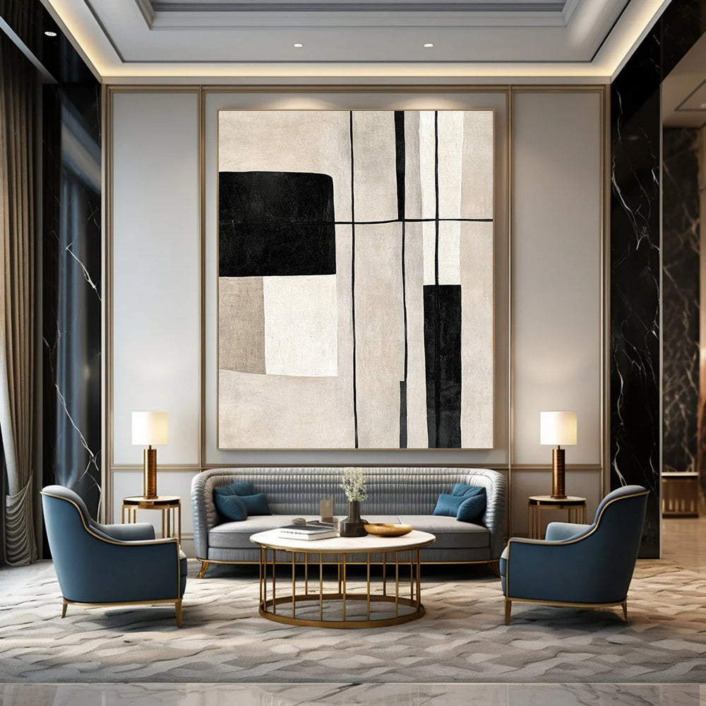 Contemporary hand-painted abstract art featuring geometric shapes in black and white on a soothing beige background with delicate lines. DLZ1322