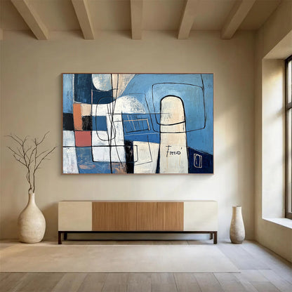 Blue with Geometric Shapes and Lines - “Structured Blues” Painting On Canvas HB1452