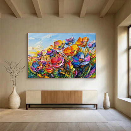 “Vibrant Colorful Flower Field” - Pink, Purple, Orange, Yellow, Textured Flower Field - Impasto Acrylic Painting HB1640