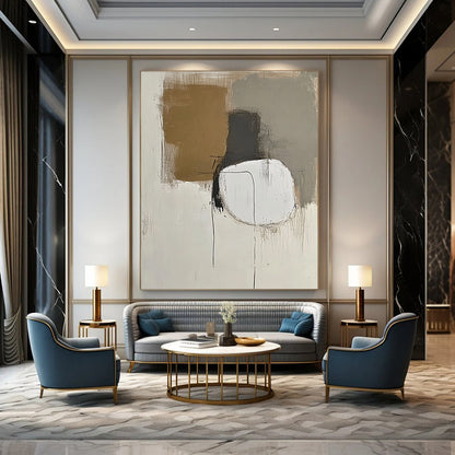 Contemporary hand-painted abstract artwork featuring minimalist design in neutral whites and grays with brown accents showcasing thin lines and simple shapes. DLZ0425