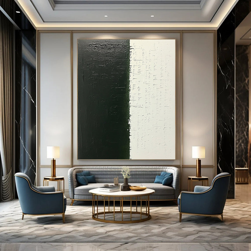 Contemporary abstract canvas featuring dark green handwritten text and layered black ink, evoking a sense of hidden narratives awaiting discovery. DLZ1522
