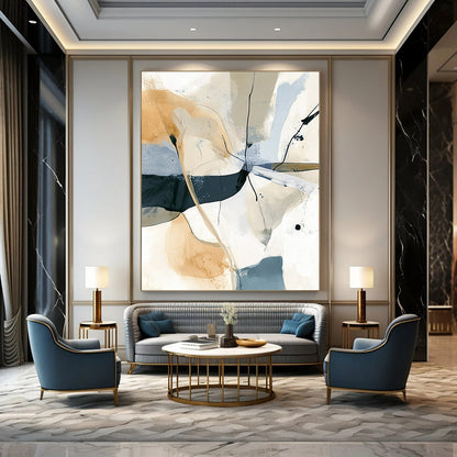 Contemporary hand-painted abstract artwork featuring soft lines and shapes in beige and gray with striking black splashes for a modern aesthetic. DLZ0285