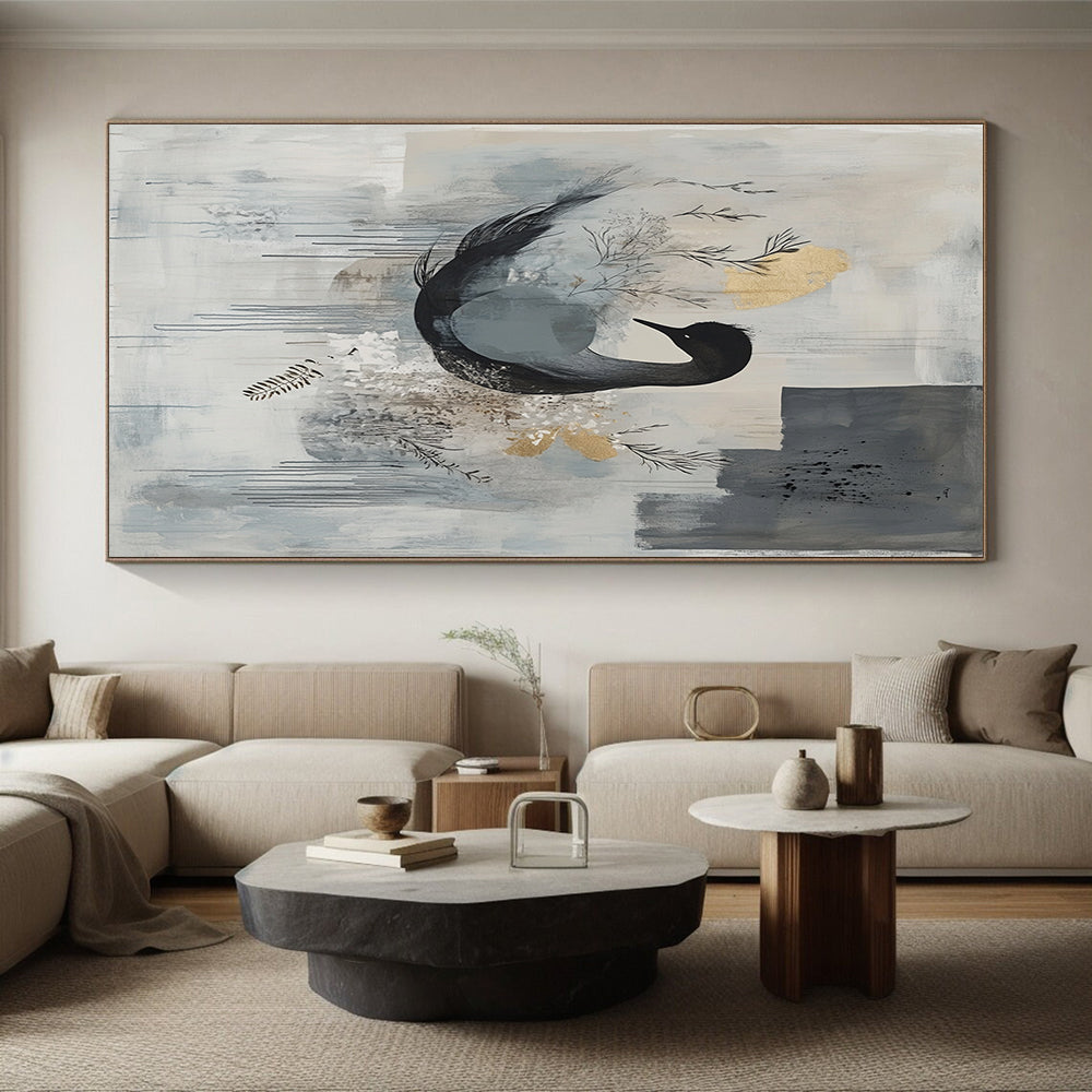 Gray, Blue & Gold with Black Swan - “Elegant Avian Serenity” Painting On Canvas HB207