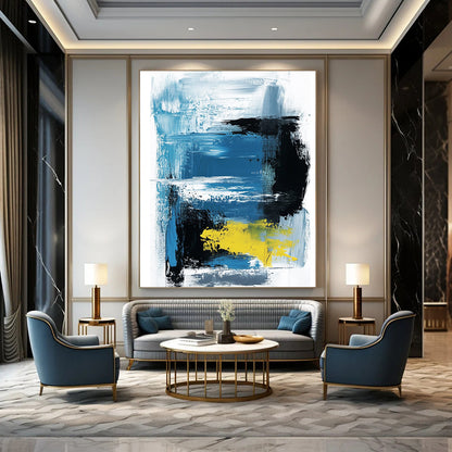 Large contemporary hand-painted abstract artwork featuring thick brush strokes and lines in light blue black and yellow on a white background by Amippo. DLZ1702