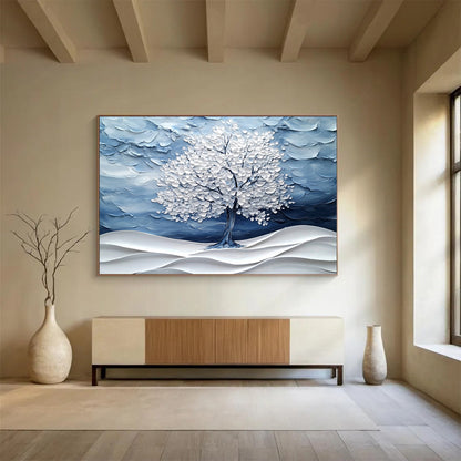 Blue and White Textured Tree "Winter Whisper" Painting On Canvas HB0423