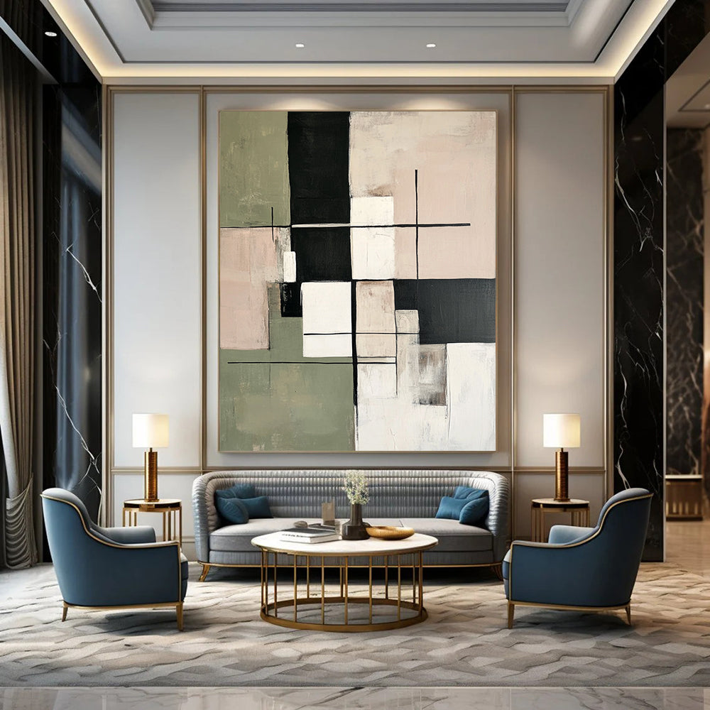 Large contemporary hand-painted abstract artwork featuring soft sage green beige and white tones with geometric shapes and a minimalist black grid pattern. DLZ1060