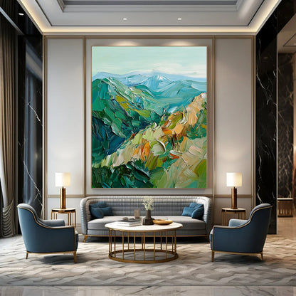 Contemporary abstract artwork featuring vibrant green and blue mountains created with bold impasto brush strokes for a striking visual impact. DLZ0483
