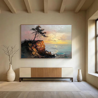“Cliffside Tree at Sunset” - Textured Oranges, Pinks, Browns, Tree on Cliff by Sea - Impasto Oil Painting HB1693
