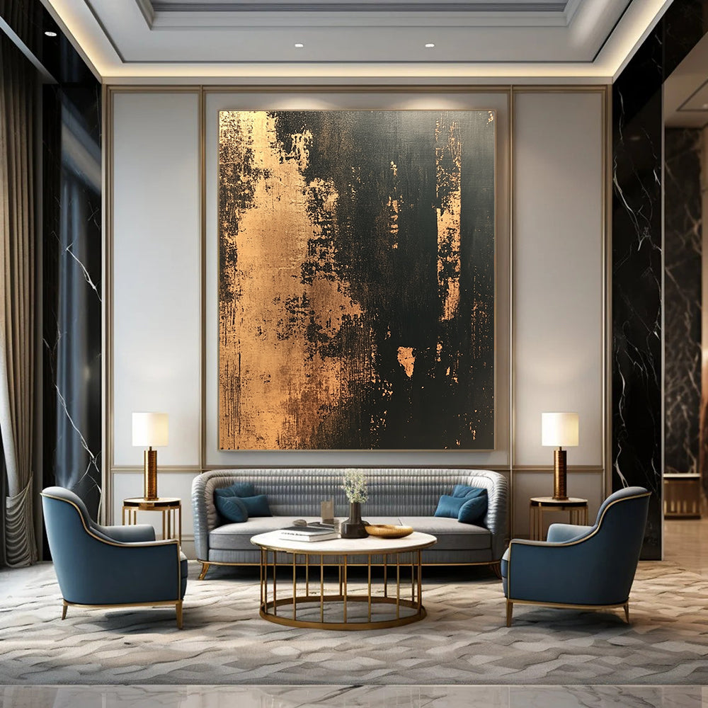 Contemporary hand-painted abstract artwork featuring distressed textured wallpaper in dark tones with gold accents creating a vintage modern aesthetic. DLZ1437