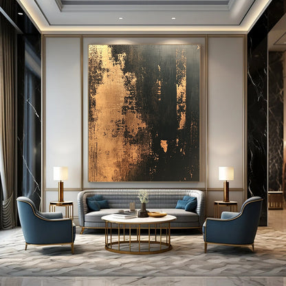 Contemporary hand-painted abstract artwork featuring distressed textured wallpaper in dark tones with gold accents creating a vintage modern aesthetic. DLZ1437