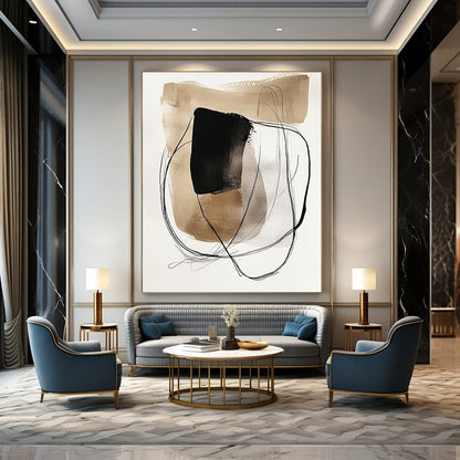 Modernist abstract art featuring watercolor and ink wash with earthy tones and minimalist shapes on a beige background for a unique aesthetic. DLZ1726