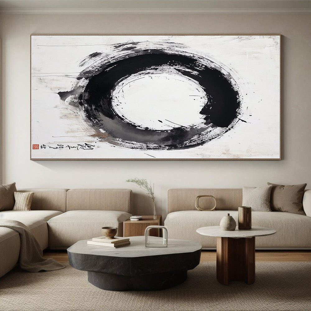 Black, White, Textured Circle "Pure Enso" Abstract Minimalist Painting On Canvas HB107