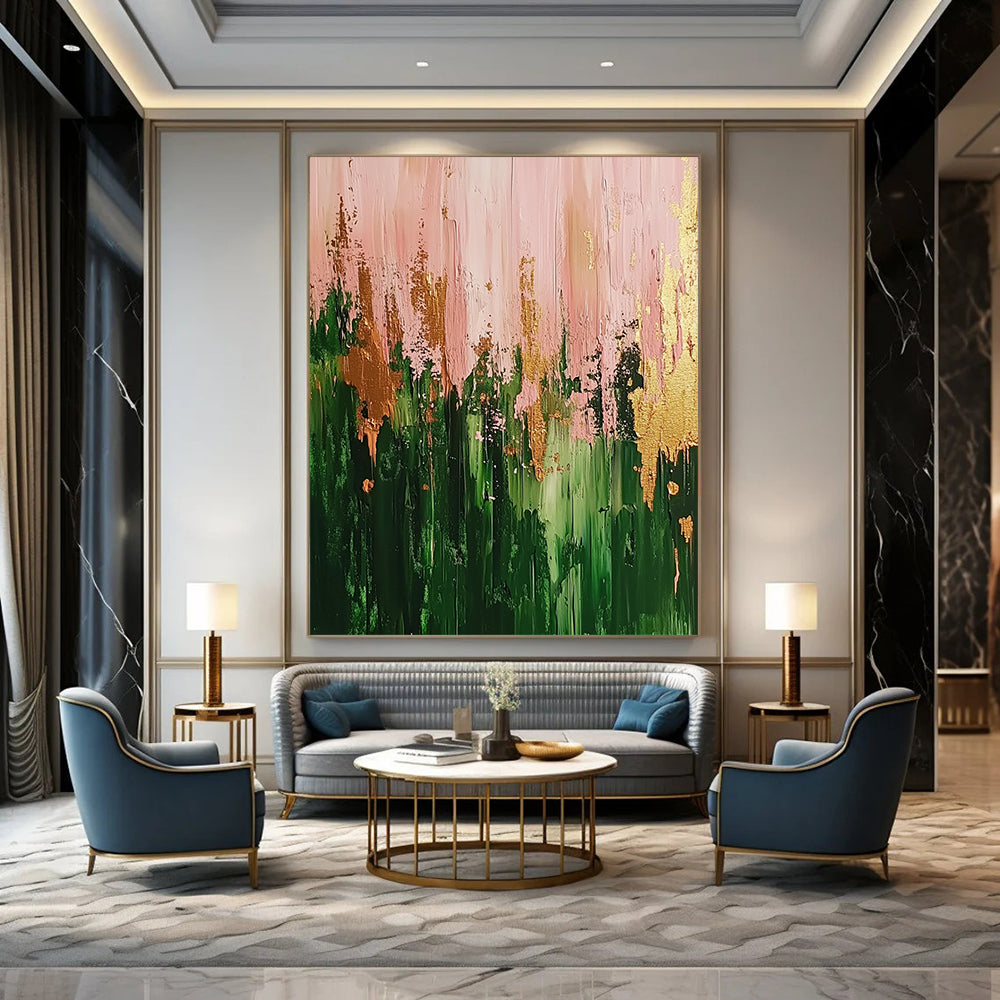 Contemporary abstract artwork featuring a vibrant forest in green and pink hues highlighted with gold accents and dynamic brush strokes. DLZ0904