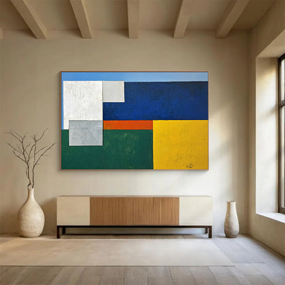 “Geometric Harmony” - Blue, White, Gray, Orange, Green, Color - Blocked Squares Painting On Canvas HB1050