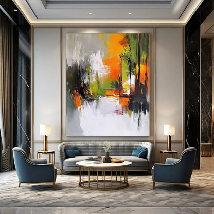 Contemporary hand-painted abstract art features an autumn forest in gray and white with vibrant orange yellow and green accents showcasing dynamic brush strokes. DLZ0947