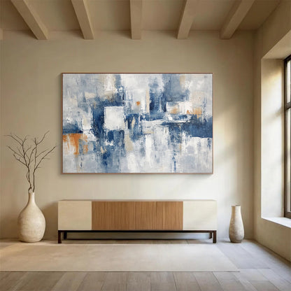 “Gray - Blue Abstract with Orange Accents” - Gray, Blue, White, Orange, Abstract Shapes Painting On Canvas HB0834