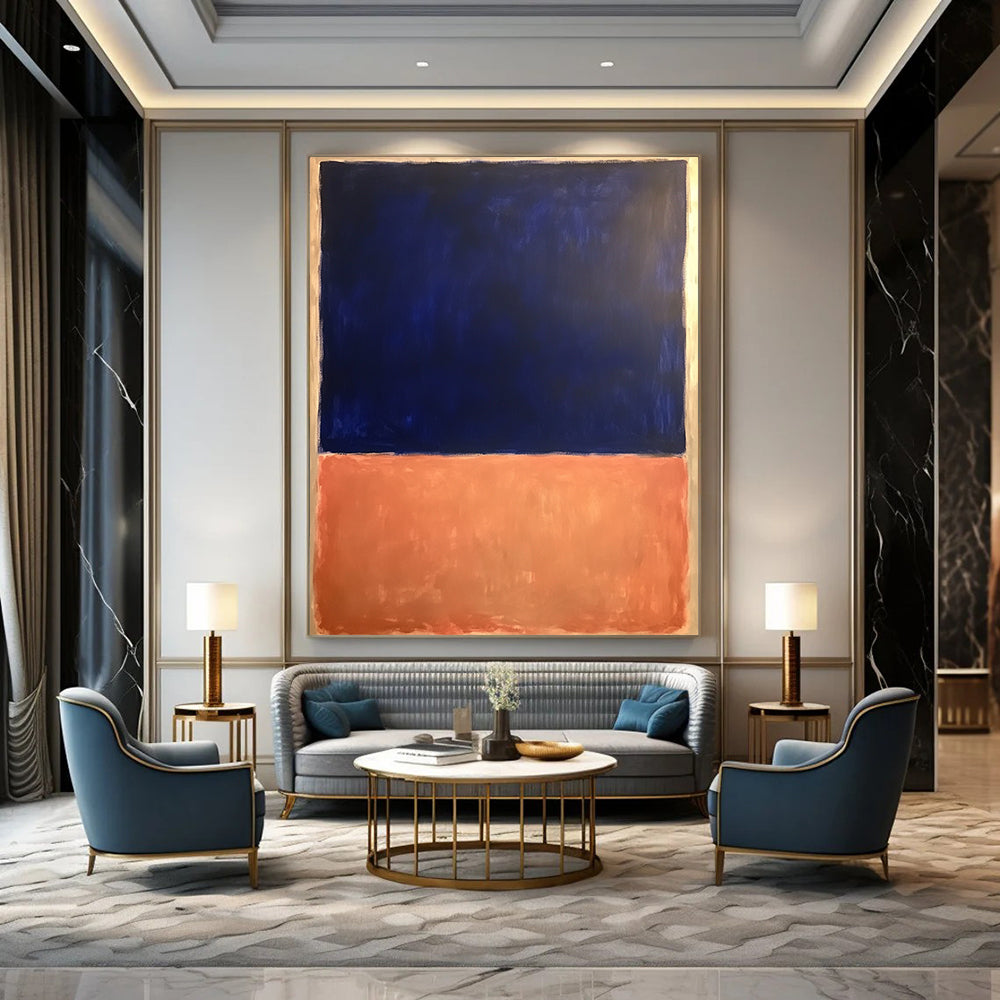 Contemporary hand-painted abstract artwork featuring dark blue and light orange with a significant white space, inspired by Rothko’s bold minimalism. DLZ1362