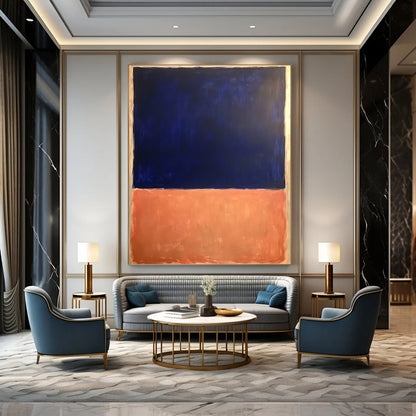 Contemporary hand-painted abstract artwork featuring dark blue and light orange with a significant white space, inspired by Rothko’s bold minimalism. DLZ1362