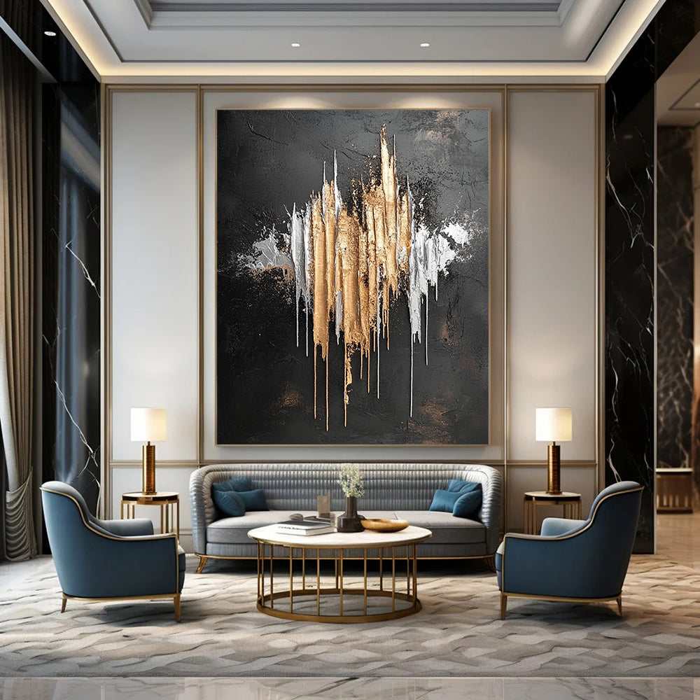 Contemporary hand-painted abstract artwork featuring silver and gold metallic drips on a striking black background inspired by Jackson Pollock. DLZ0802