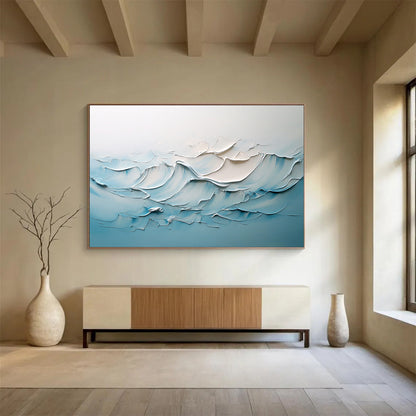 “Soft Wave Relief” - Blue, White, Textured Ocean Waves Painting On Canvas HB0730