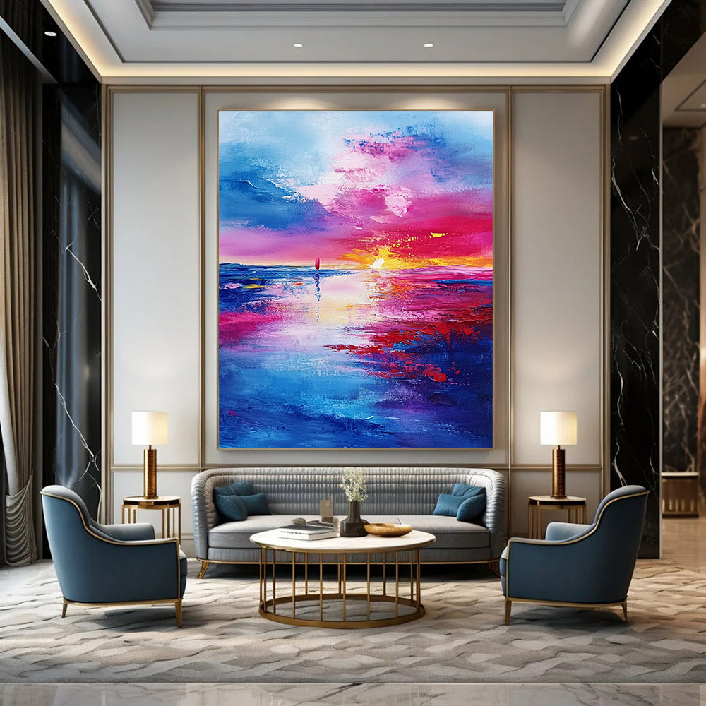 Contemporary hand-painted abstract art featuring a textured landscape of the sky and sea at sunset with vibrant shades of blue purple and red. DLZ0658