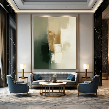 Contemporary abstract painting features soothing sage green and white tones with elegant gold accents for a tranquil atmosphere. DLZ0879