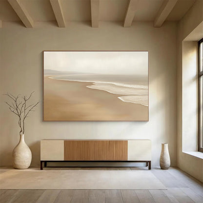 “Neutral Toned Beach Serenity” - Beiges, Whites, Subtle Browns, Calm Beach - Oil Painting HB1618