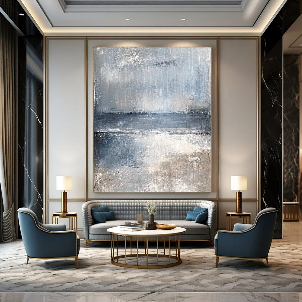 Large contemporary hand-painted abstract artwork featuring serene coastal landscape in muted tones of pale blue and gray evoking a calming sea breeze. DLZ0373