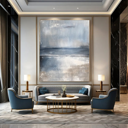 Large contemporary hand-painted abstract artwork featuring serene coastal landscape in muted tones of pale blue and gray evoking a calming sea breeze. DLZ0373