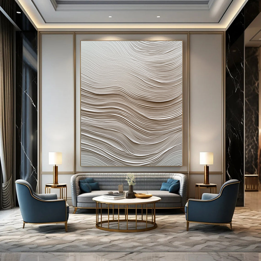 Contemporary abstract artwork featuring textured white paper resembling water waves enhances depth and movement, creating visual intrigue for any space. DLZ1234