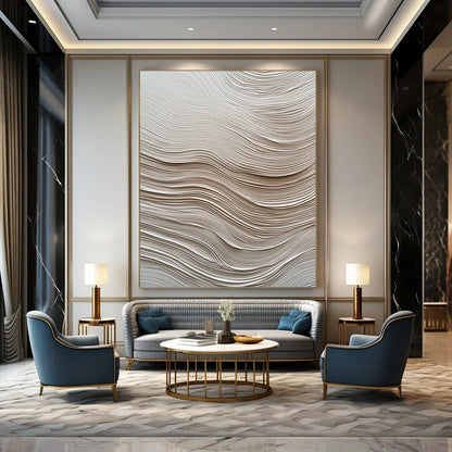 Contemporary abstract artwork featuring textured white paper resembling water waves enhances depth and movement, creating visual intrigue for any space. DLZ1234