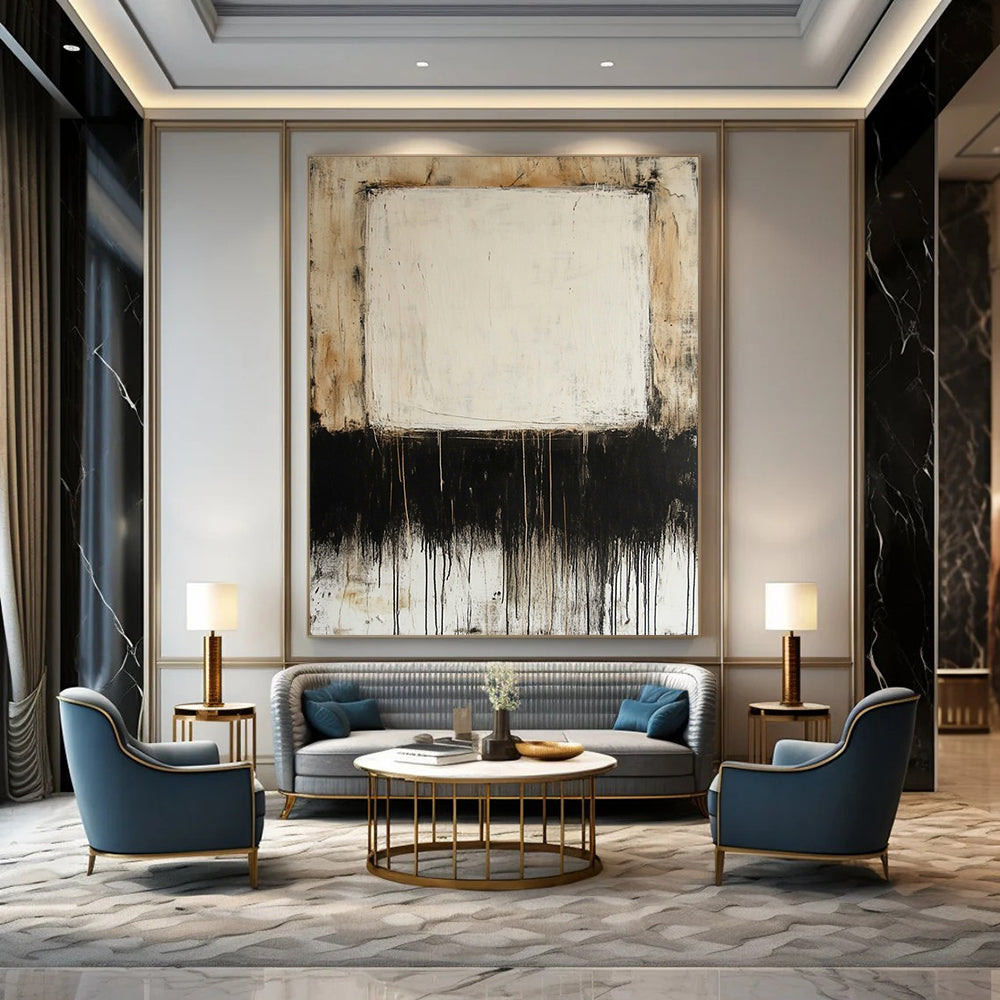 Contemporary large hand-painted abstract artwork featuring mixed media on canvas with thin oil paint lines and a prominent central white square. DLZ0685