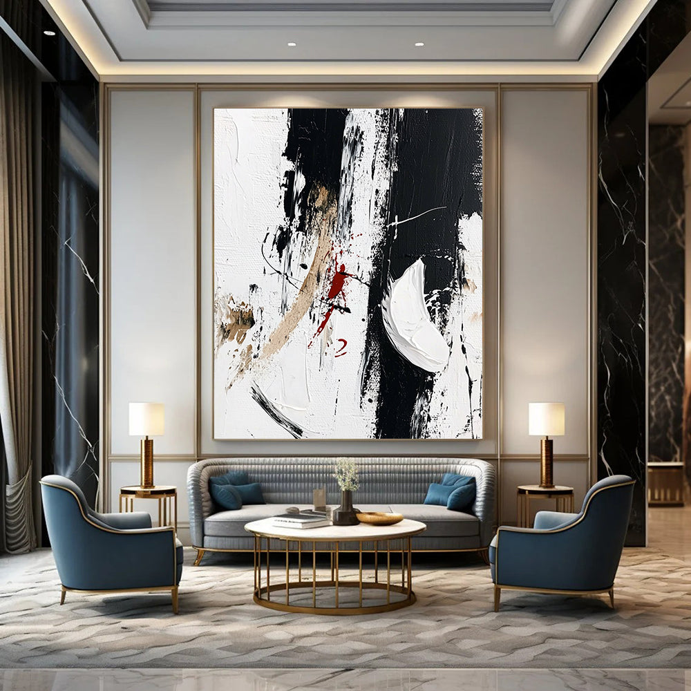 Contemporary abstract artwork features striking black brush strokes with white shoes embellished by vibrant red paint scribbles, embodying minimalism and fashion art style. DLZ0818