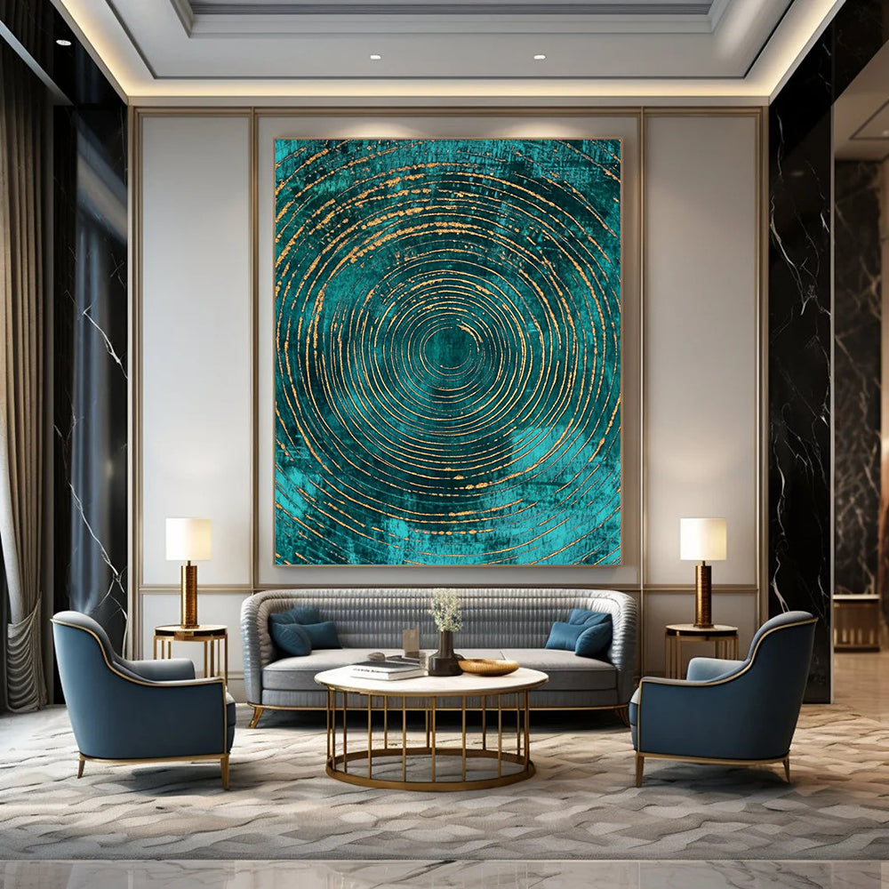 Contemporary art features abstract pattern with teal and gold concentric circles on a dark turquoise background, adding elegance to any space. DLZ1483