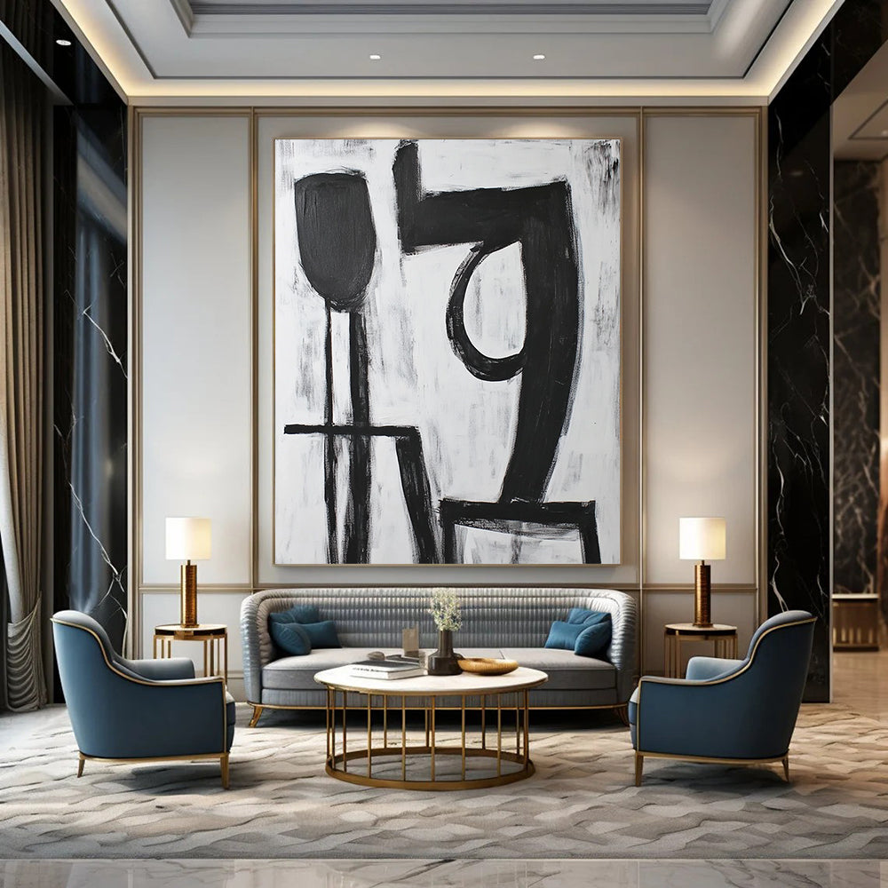 Contemporary hand-painted abstract artwork featuring bold black "9" strokes with a large 'A' shape in front on a pure white background. DLZ1540