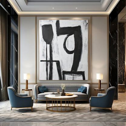 Contemporary hand-painted abstract artwork featuring bold black "9" strokes with a large 'A' shape in front on a pure white background. DLZ1540