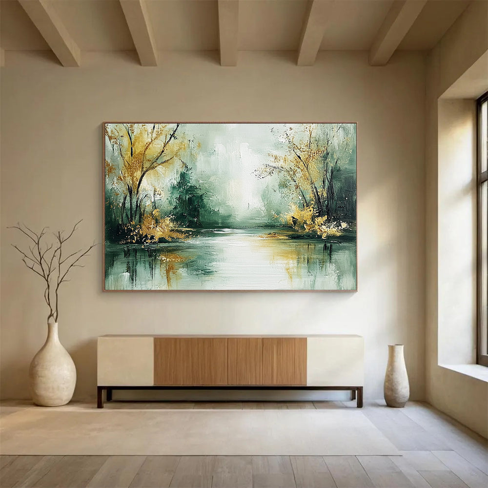 “Misty River with Golden Trees” - Green, gold, gray; Abstract river and trees; Impressionistic Oil Painting On Canvas HB1195