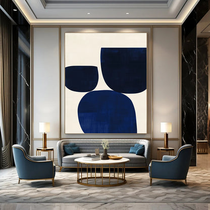 Contemporary hand-painted abstract artwork featuring minimalist Japandi style with blue and white simple shapes for a serene ambiance. DLZ1618