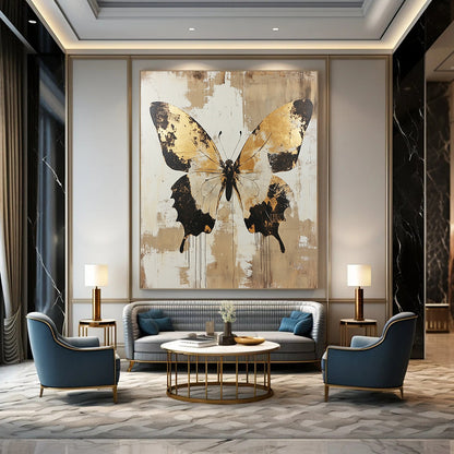 Large contemporary hand-painted abstract artwork featuring distressed butterfly design in gold and beige tones adding elegance to any space. DLZ1562