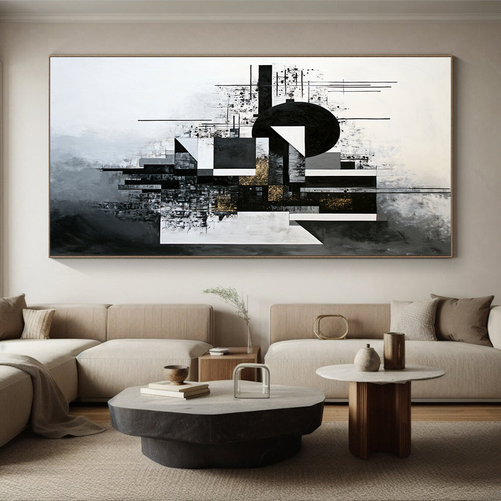 Black, White, Gray and Gold Geometric Abstraction "Gilded Geometry" Painting On Canvas HB318