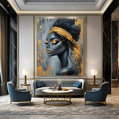Contemporary abstract art featuring an elegant African woman with black and gold hair on a textured gray background adorned with gold paint splashes. DLZ0570