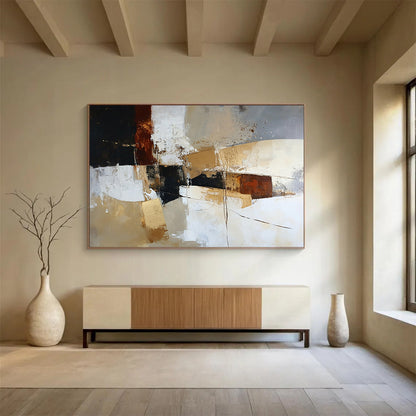 “Earthy Tone Abstract” - Black, Brown, Beige, Gold with Geometric Shapes - Painting On Canvas HB1391