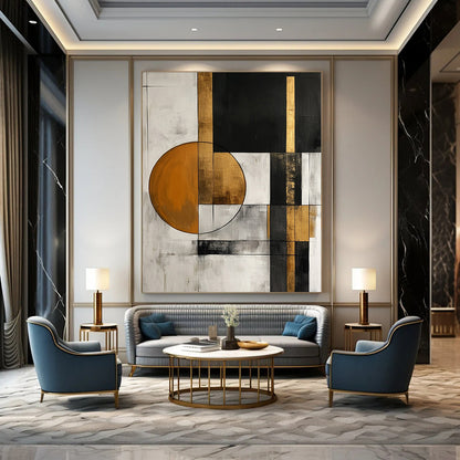 Contemporary abstract painting with white black gray and gold shapes featuring an orange circle and simple forms perfect for modern decor. DLZ0765